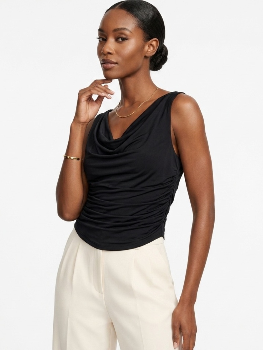 Sleeveless Black Draped Ruched Tank Top Blouse Womens classy work school top